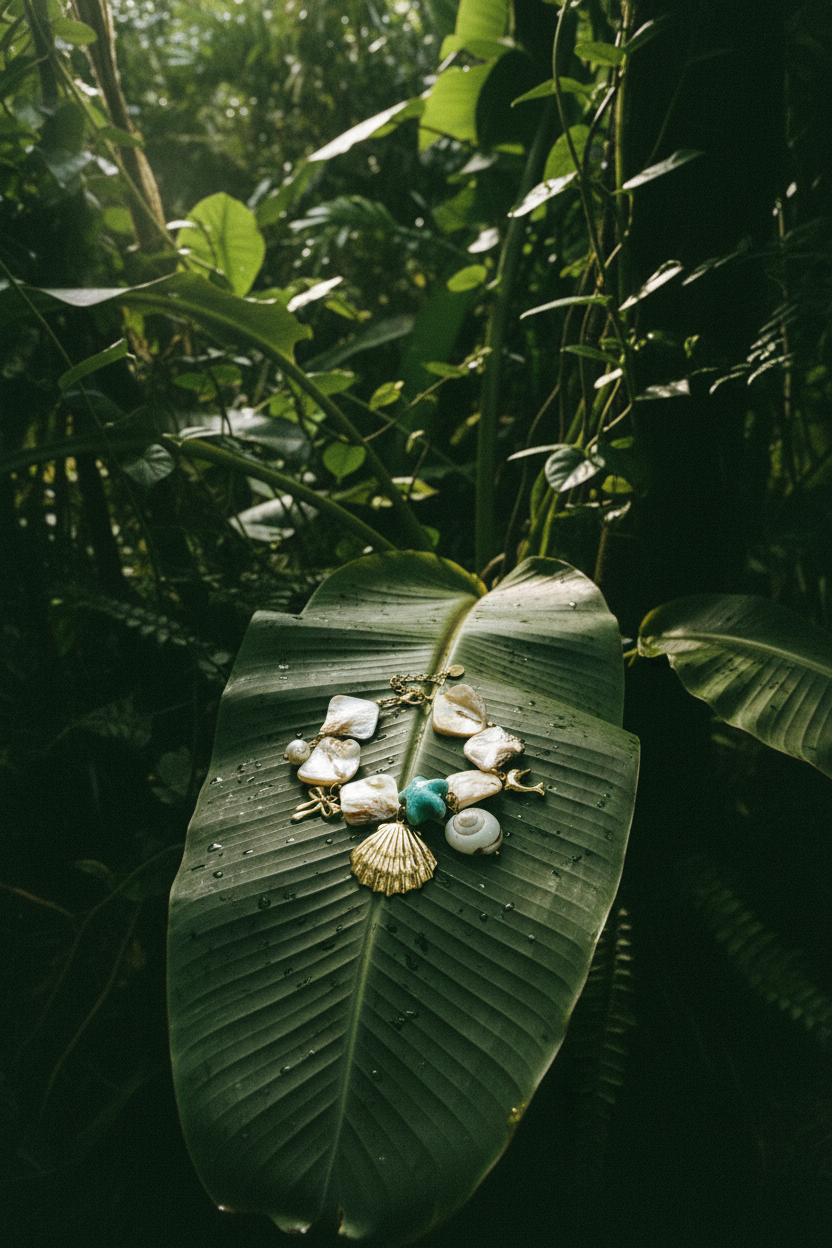 Bracelet Lumé coquillages perles bleues — still life feuille bananier