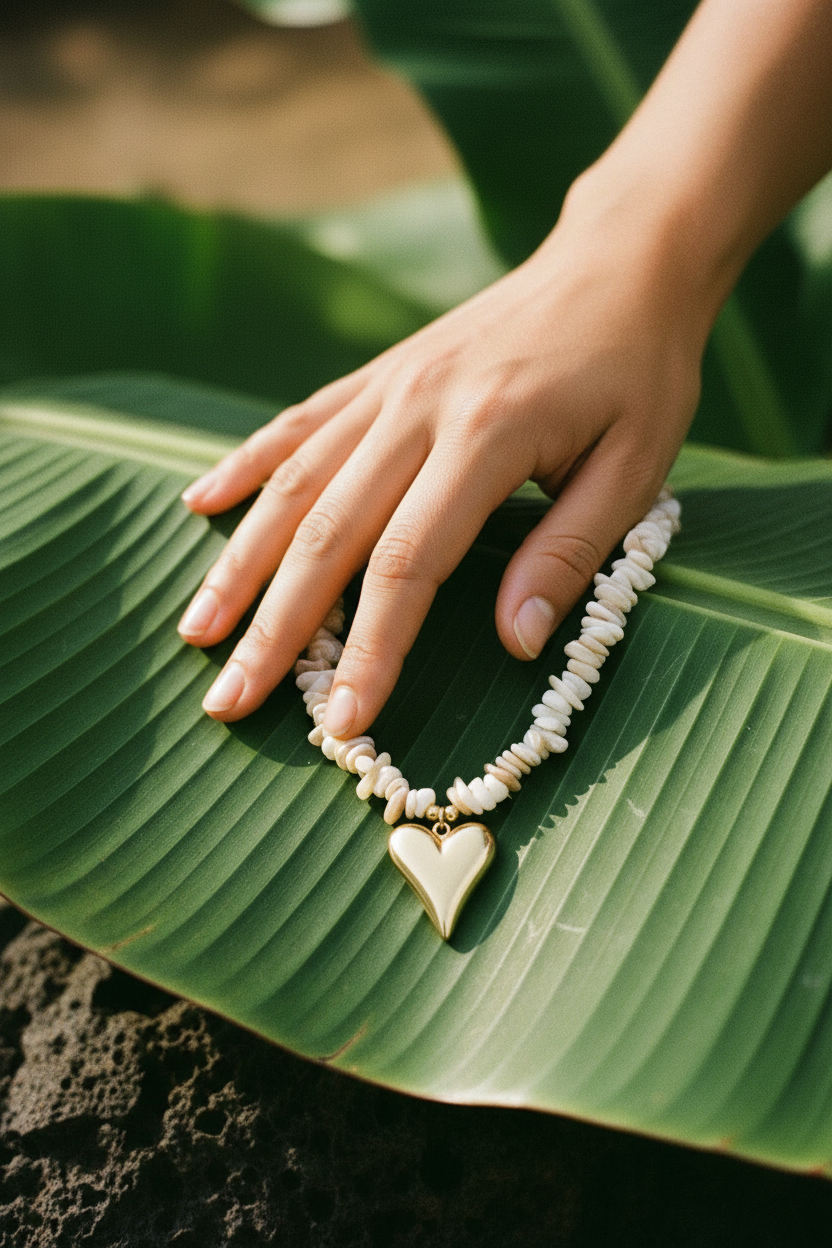 Tropiques Sauvages® – Collier Perles Cœur Tropical, main sur feuille bananier