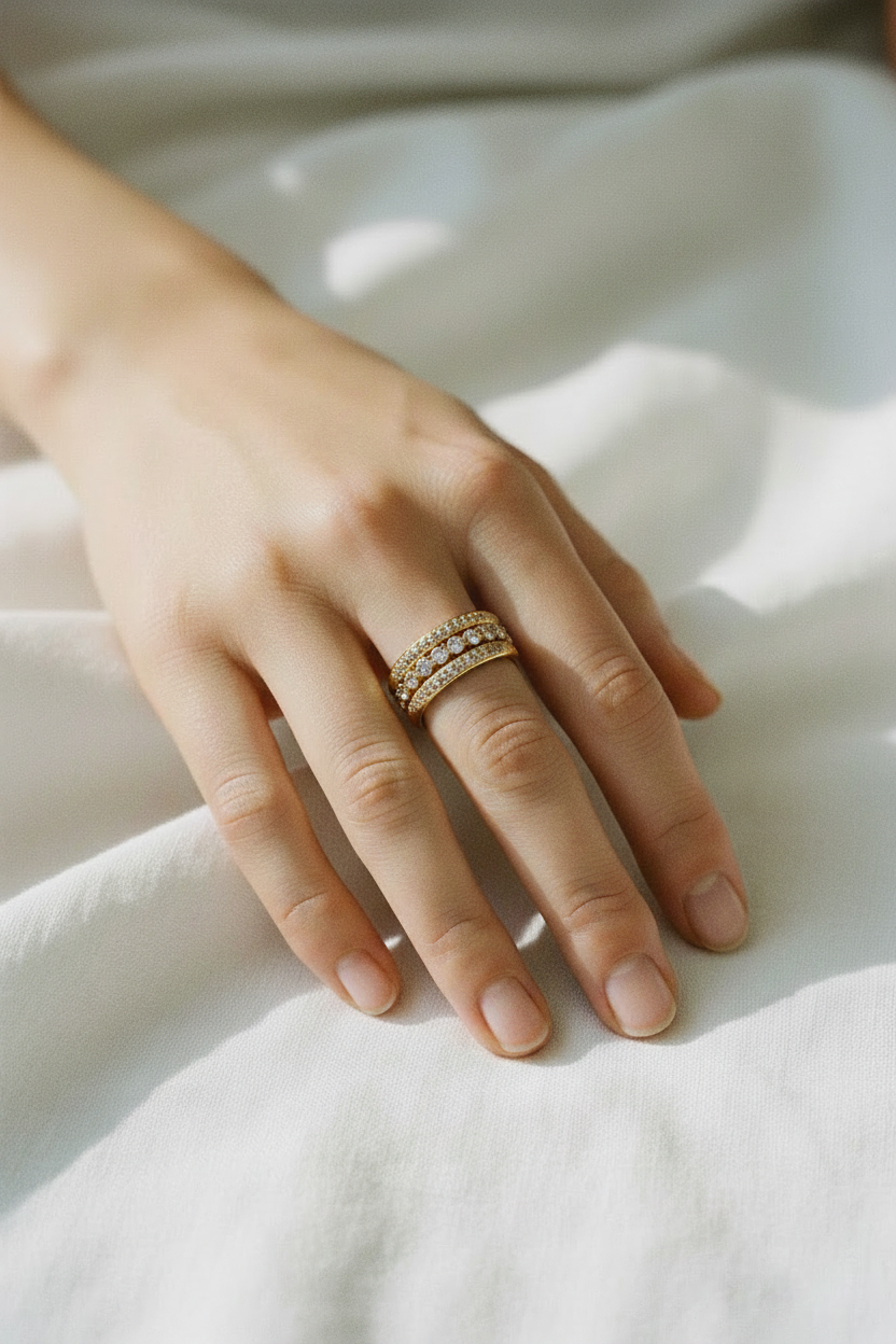 Bague strass dorée portée sur main, lin blanc