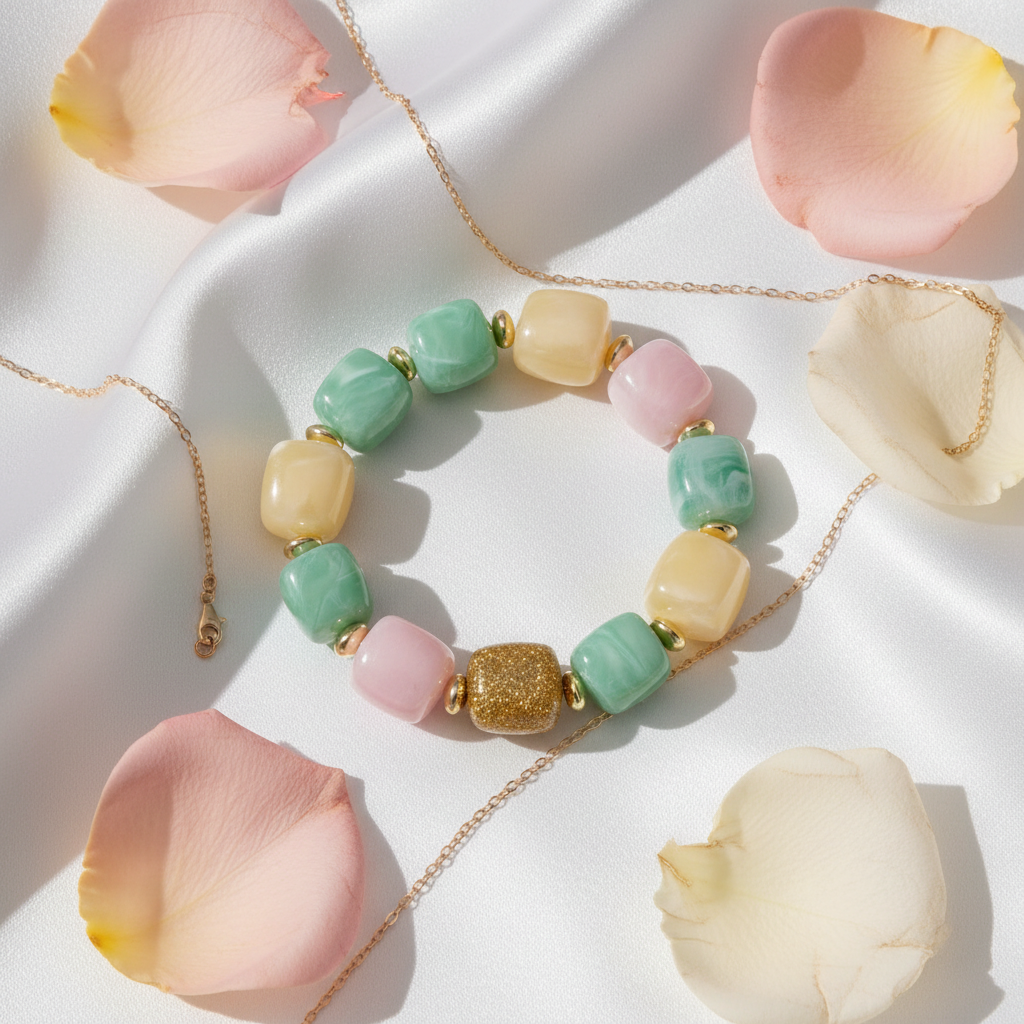 Bracelet perles scintillantes flat lay