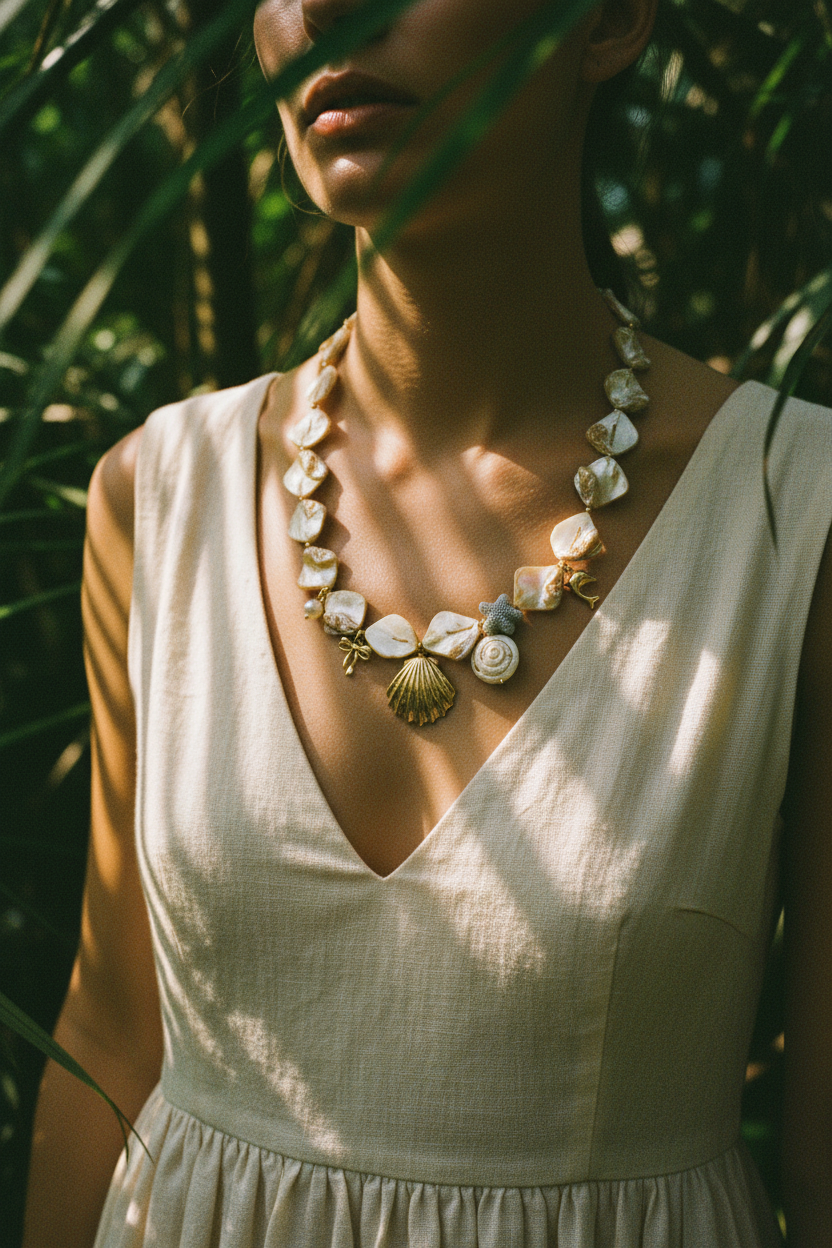 Collier Lumé coquillages perles — porté jungle