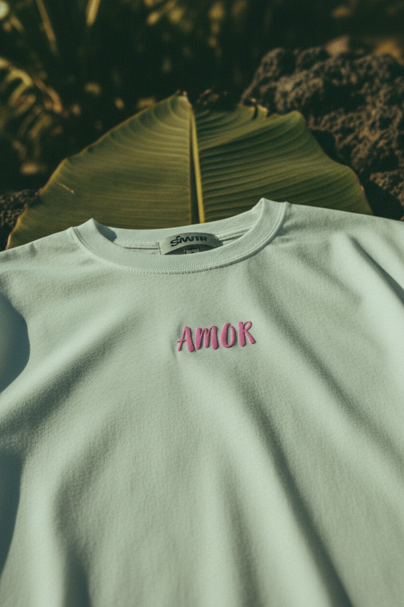 T-shirt Gimme imprimé coloré — macro détail tissu
