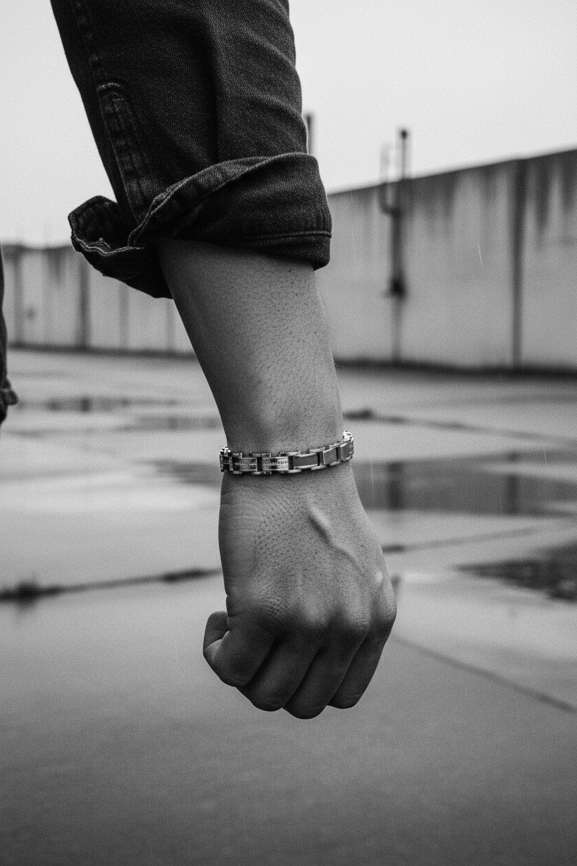 Bracelet VELKA acier maillons — lifestyle béton urbain
