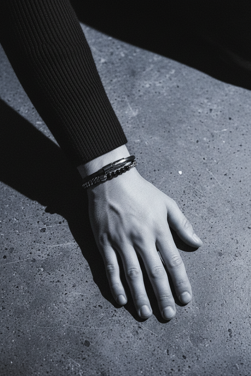 Bracelet VELKA sérénité noir bleu — lifestyle béton col roulé