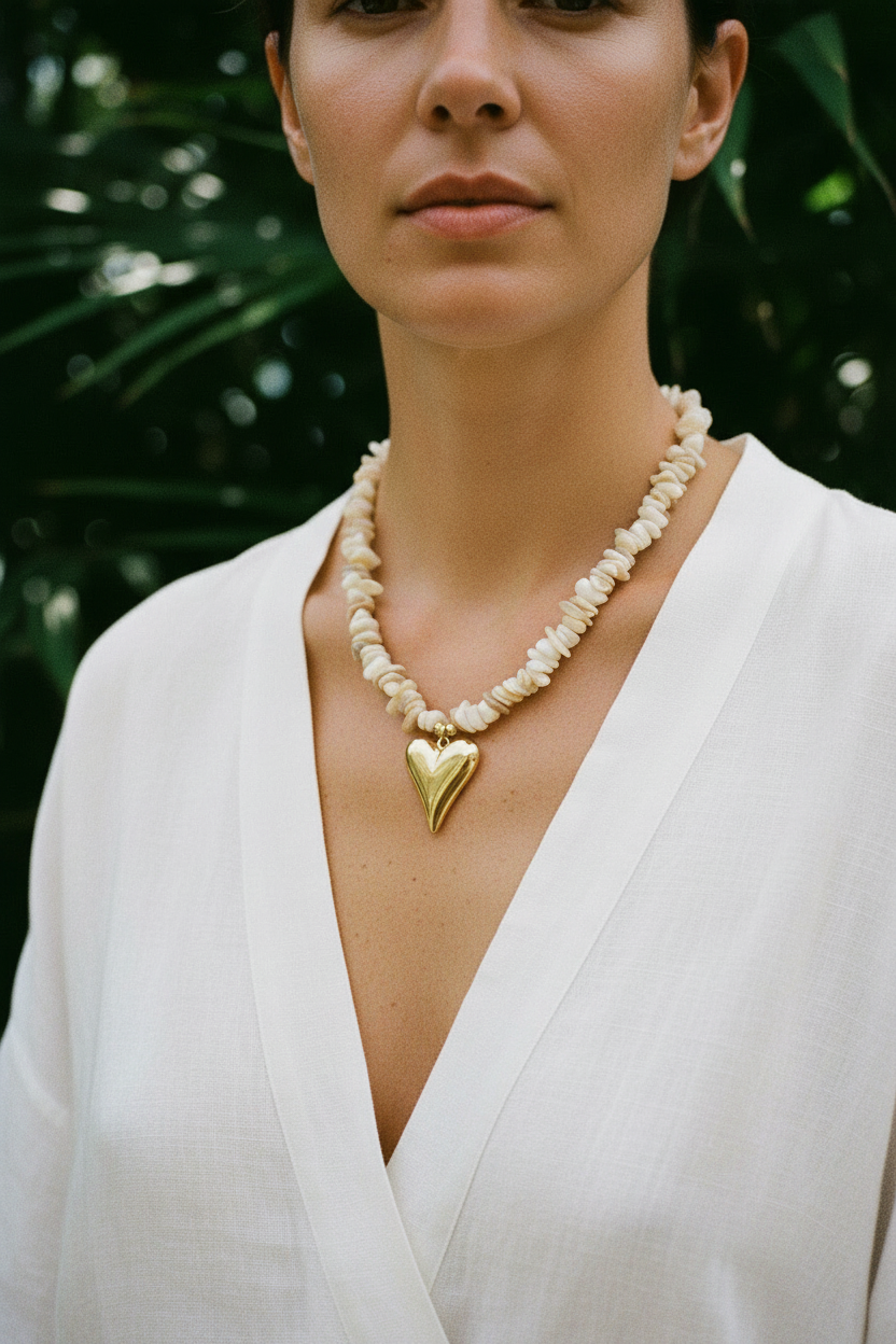 Tropiques Sauvages® – Collier Perles Cœur Tropical, lifestyle femme jungle