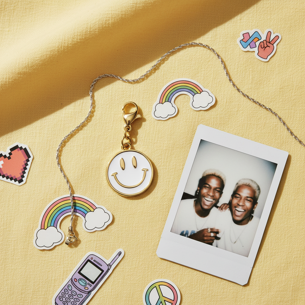 Charms smiley flat lay Y2K
