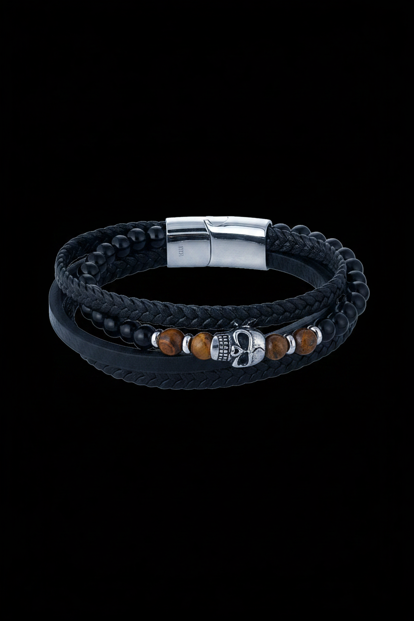 Bracelet VELKA double tressé tête de mort — macro détail tressage skull