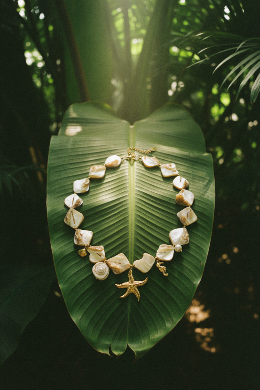 Collier Lumé coquillages breloques perles dorées — couverture hero