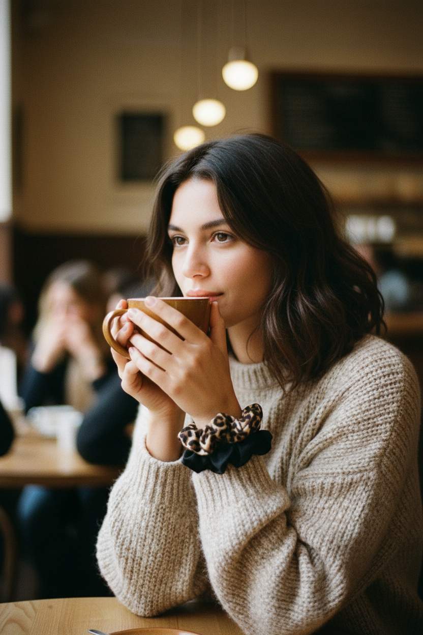 Chouchou marron noir — café, mug, pull tricot