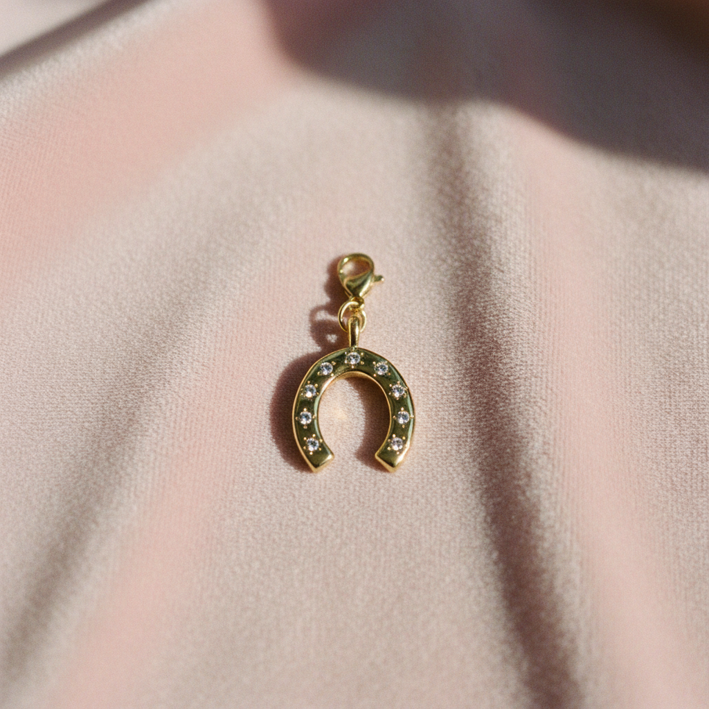 Charm fer à cheval — flat lay velours rose
