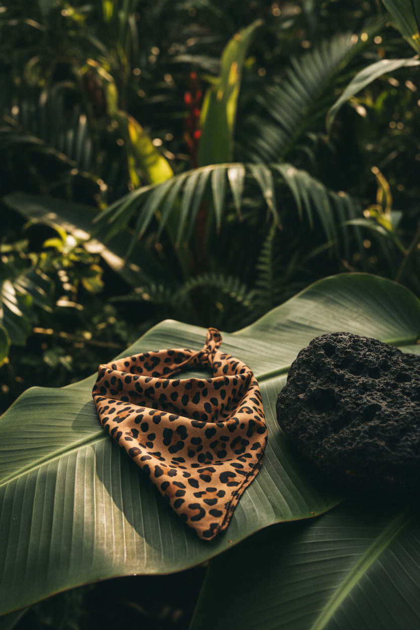 Bandana imprimé animalier Gimme posé sur feuille de bananier et pierre volcanique