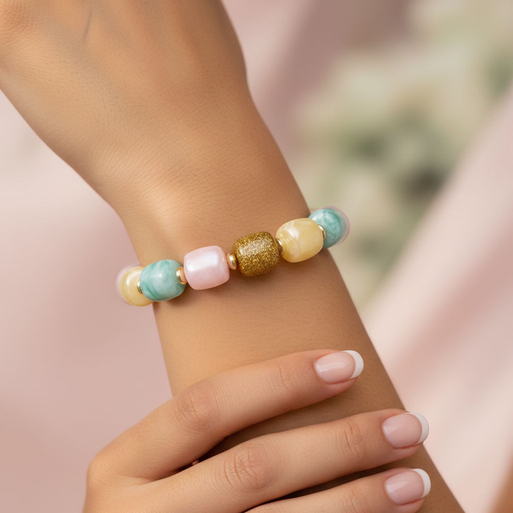 Bracelet perles scintillantes porté au poignet