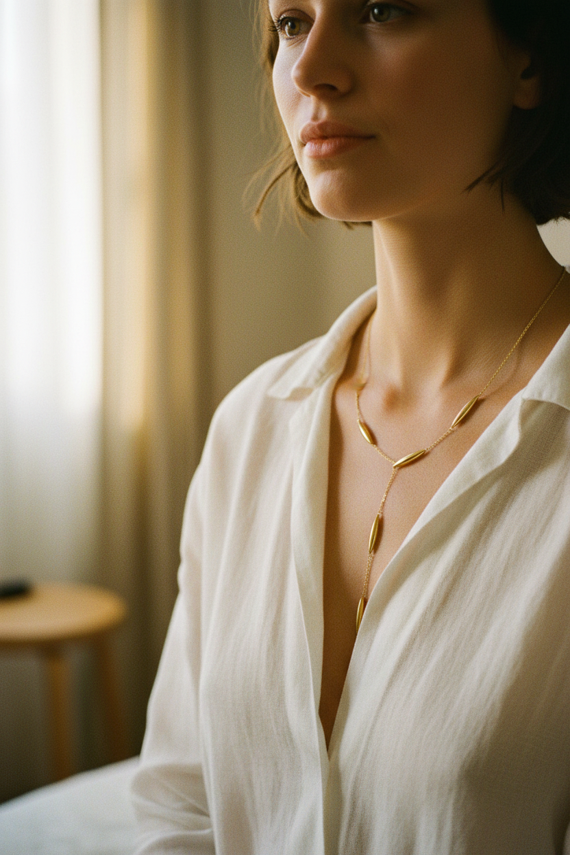 Collier chaîne simple — lifestyle lin blanc, matin