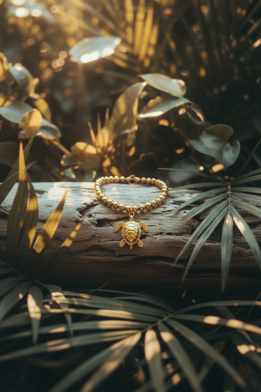 Still life bracelet tortue sur bois flotté tropical - Lili June® Tropiques Sauvages