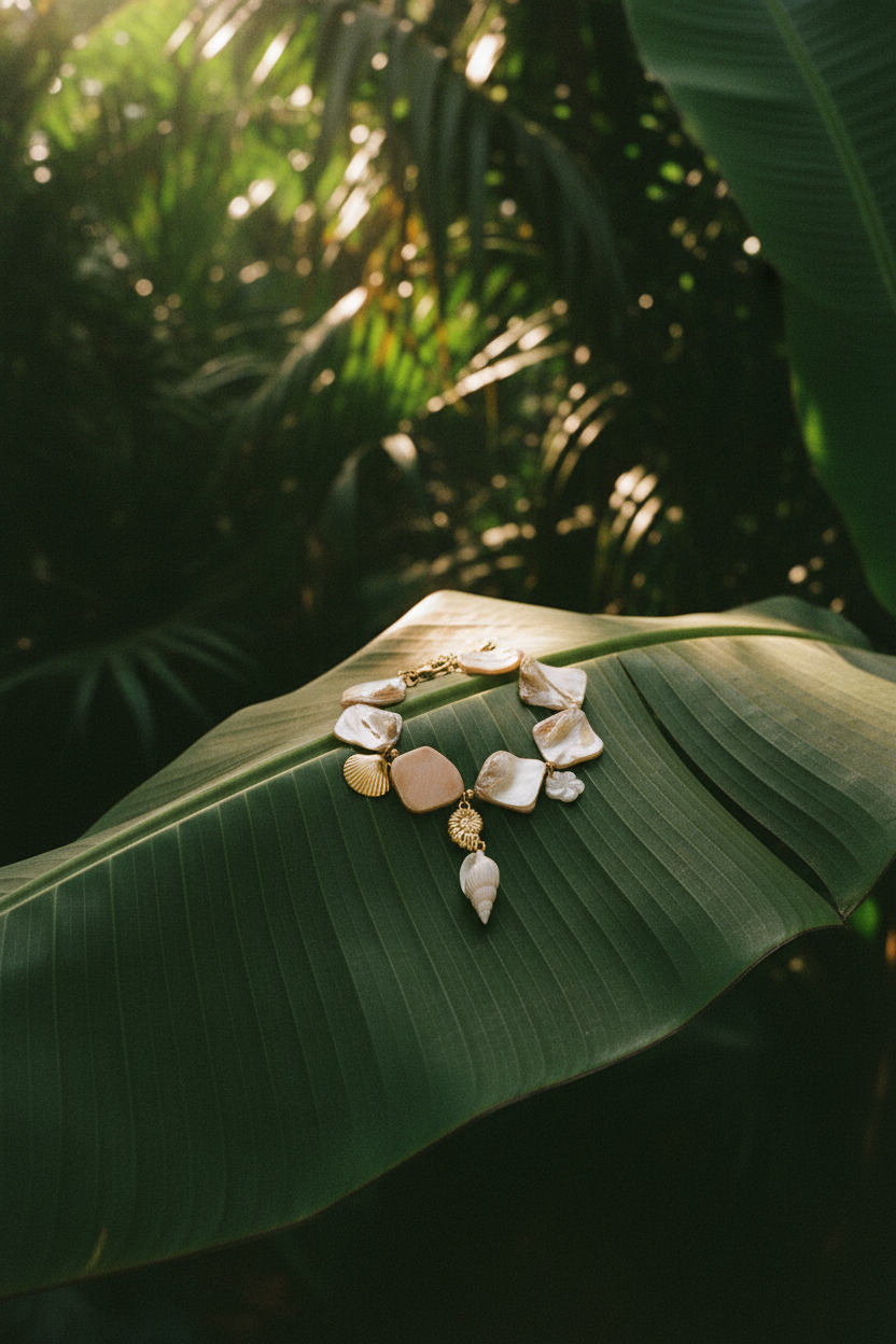 Bracelet Lumé beige coquillages — couverture hero feuille bananier