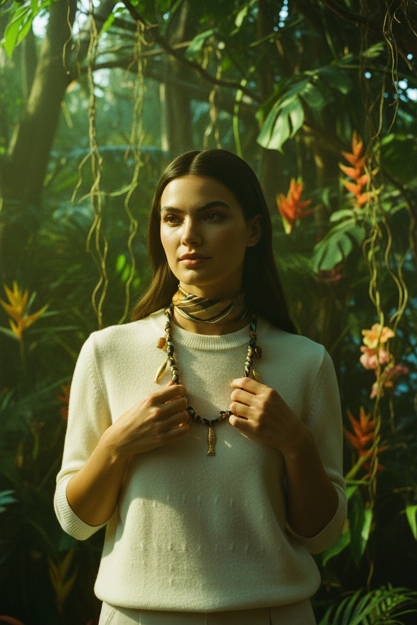 Collier Club Spice tissus — porté main jungle