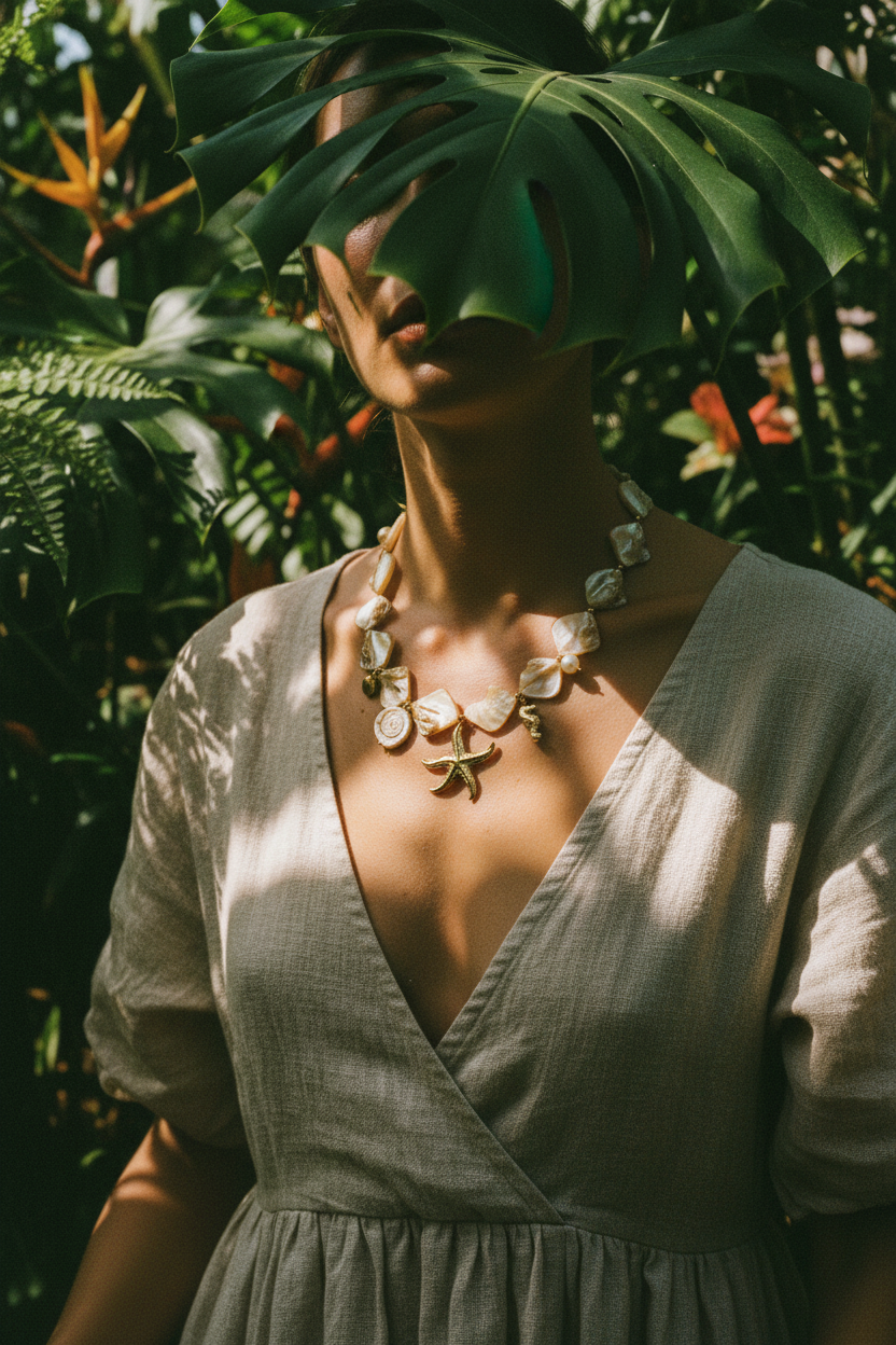 Collier Lumé coquillages breloques perles dorées — porté jungle