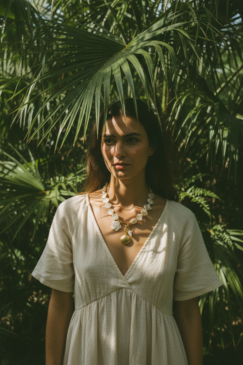 Collier Lumé perles coquillages — porté jungle