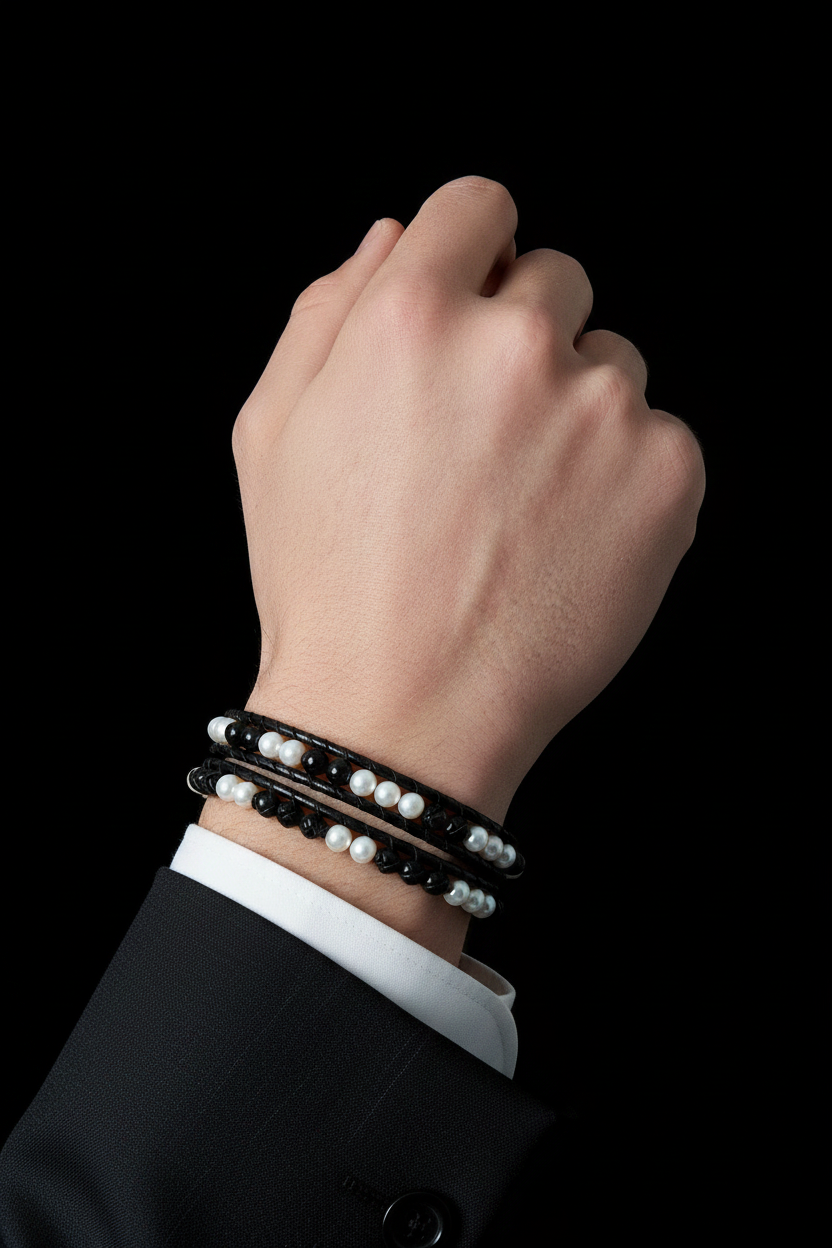 Bracelet VELKA double tressé perles — lifestyle costume charcoal