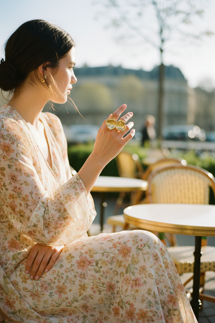 Bague florale — terrasse café, robe fleurie