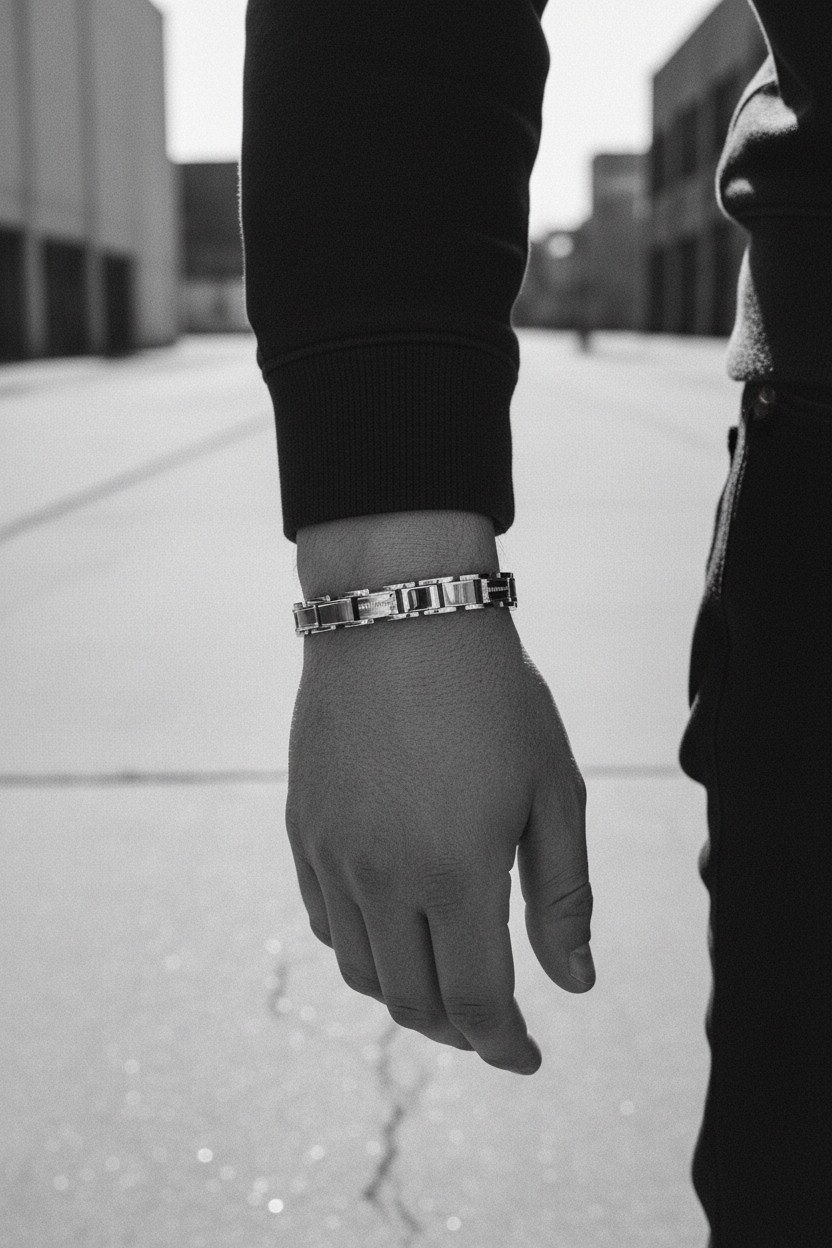 Bracelet VELKA acier maillons — lifestyle béton urbain