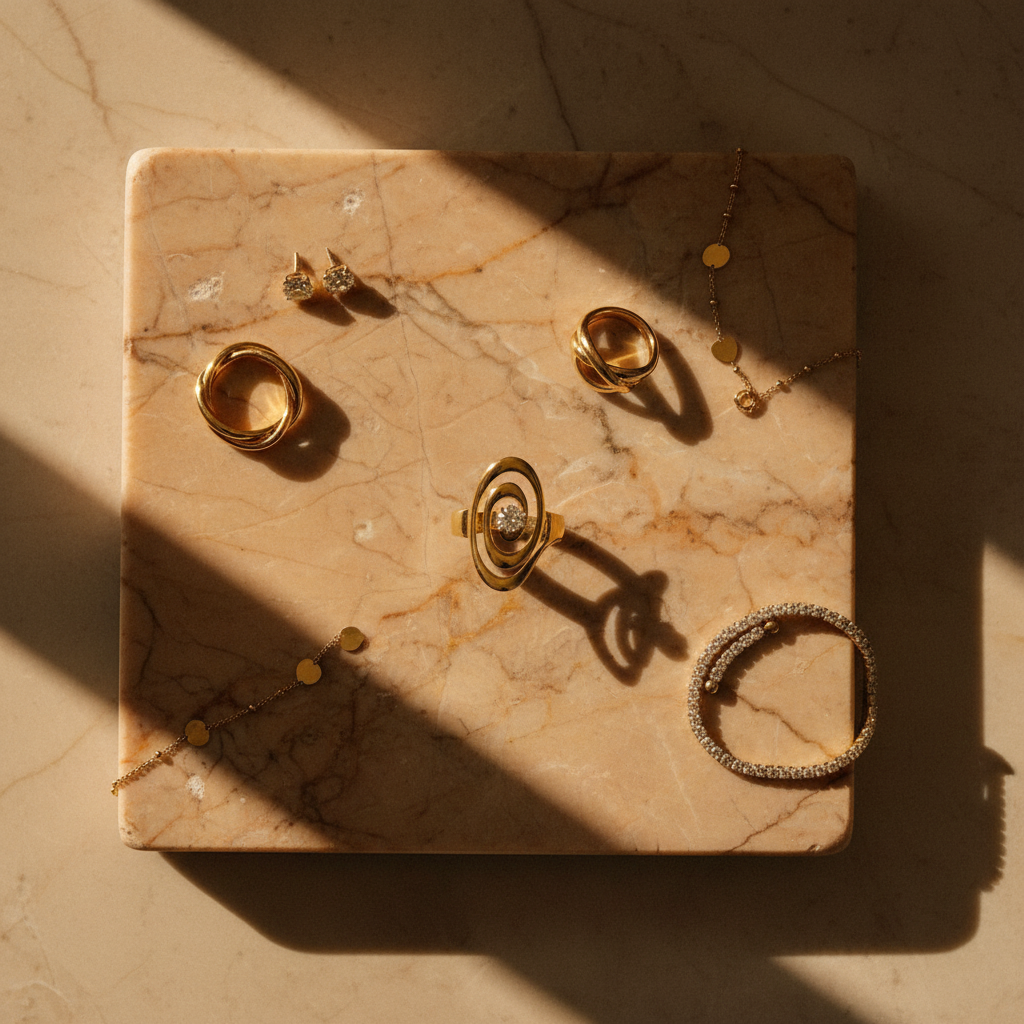 Bague pierres précieuses — flat lay marbre