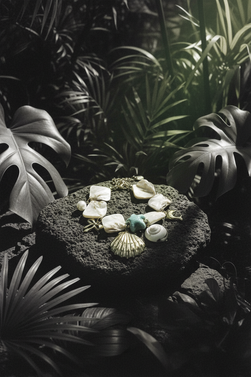 Bracelet Lumé coquillages perles bleues — still life pierre volcanique