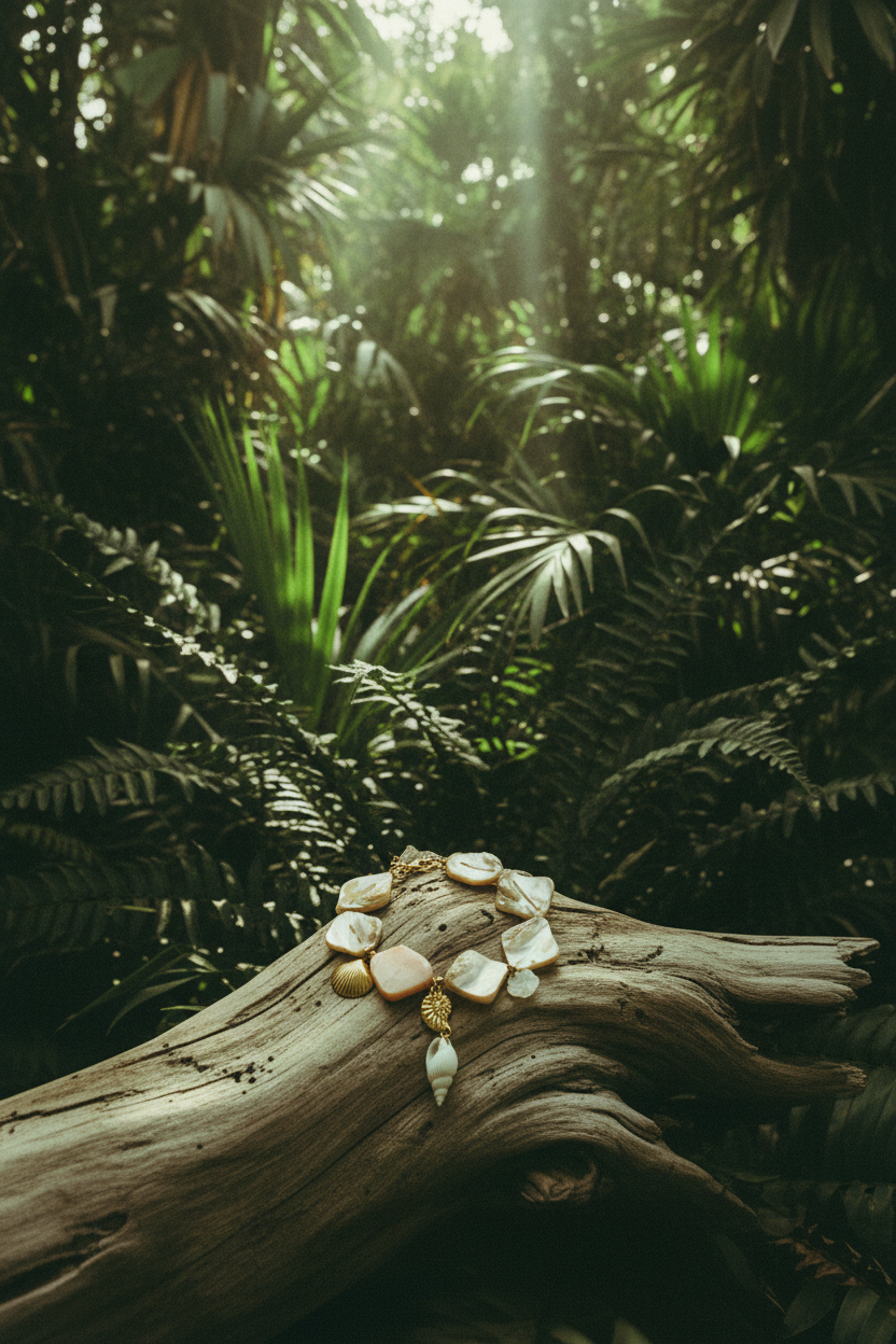Bracelet Lumé beige coquillages — still life bois flotté