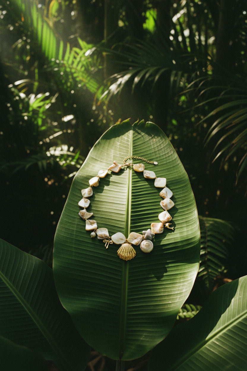 Collier Lumé coquillages perles — couverture hero feuille bananier