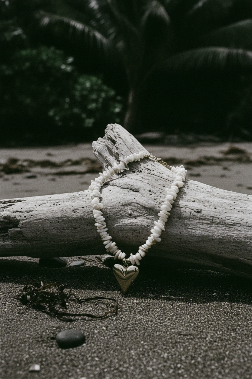 Tropiques Sauvages® – Collier Perles Cœur Tropical, still life bois flotté