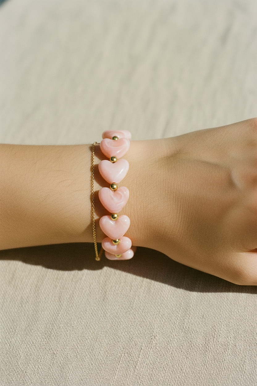 Stacking bracelet cœur rose et chaîne dorée