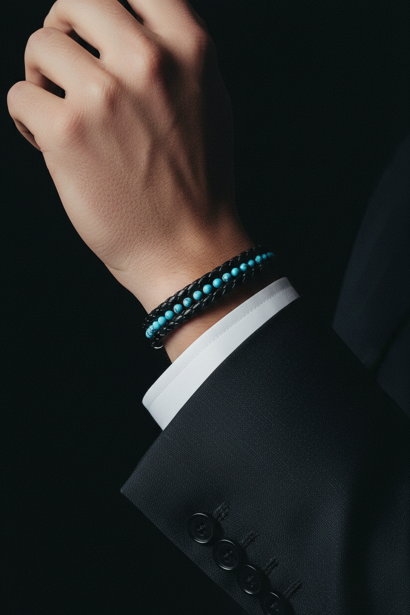 Bracelet VELKA double tressé perles milieu — lifestyle costume charcoal