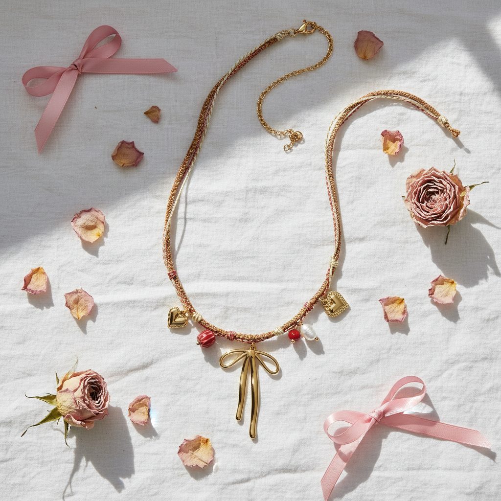 Collier nœud papillon flat lay romantique