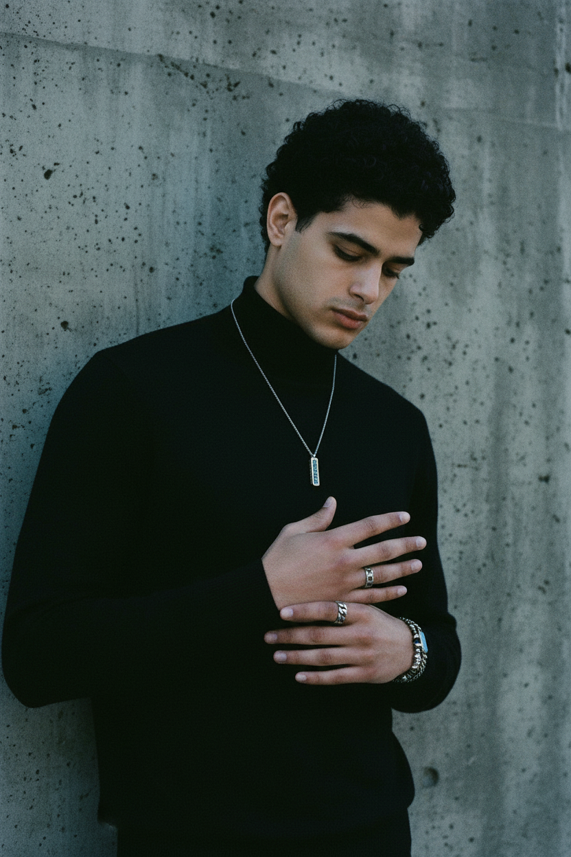 Collier VELKA pendentif — lifestyle béton col roulé