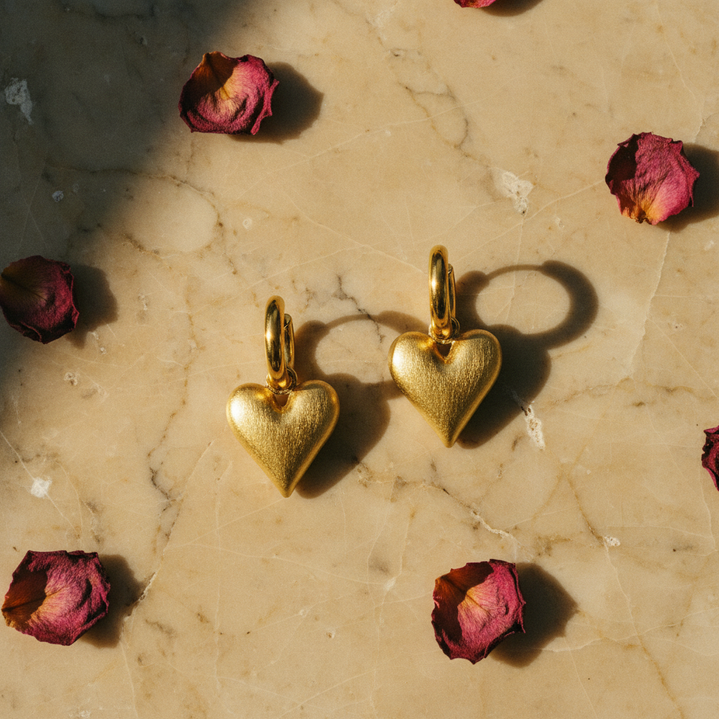 Boucles cœur or — flat lay marbre chaud