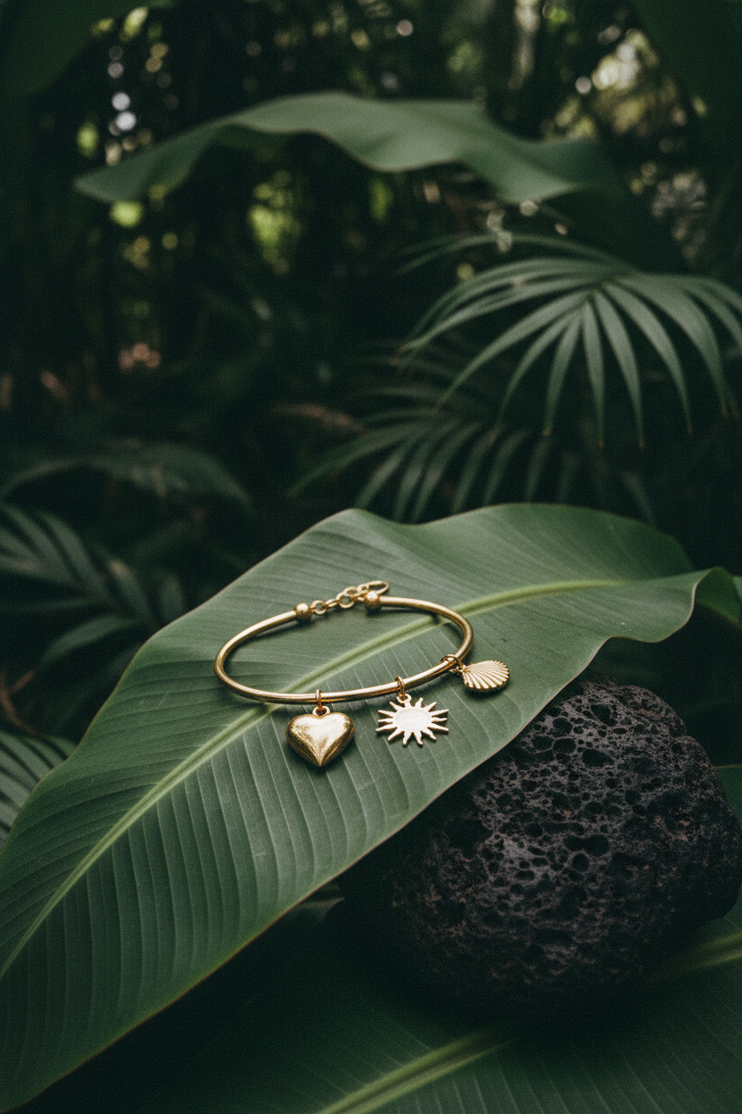 Still life bracelet cœur sur feuille de bananier et pierre volcanique - Lili June®