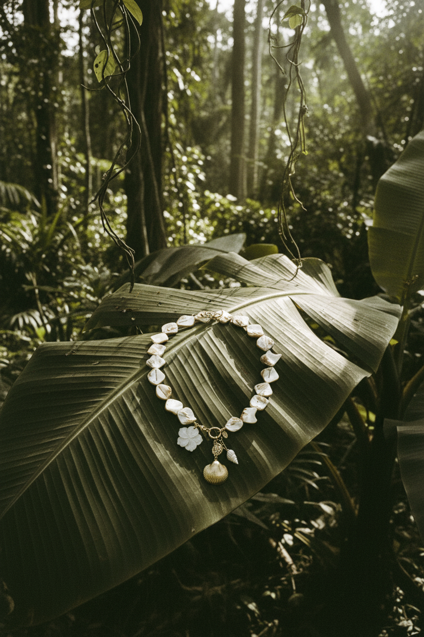 Collier Lumé perles coquillages — couverture hero feuille bananier