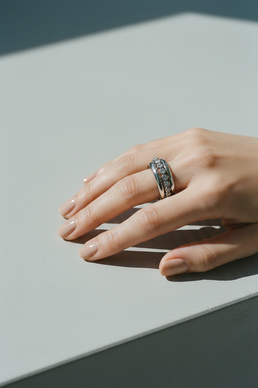 Bague strass argentée portée sur pierre grise