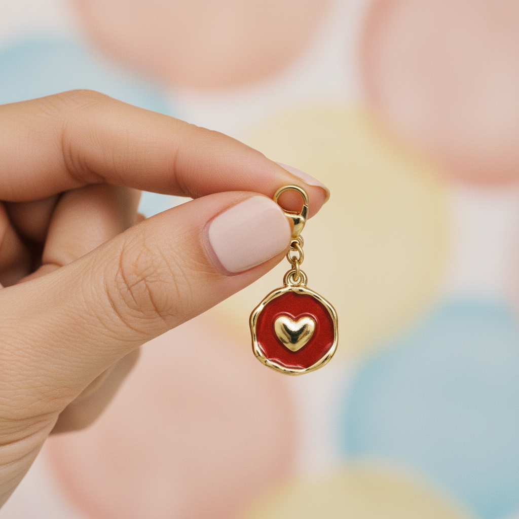 Charm cœur — main, fond pastel