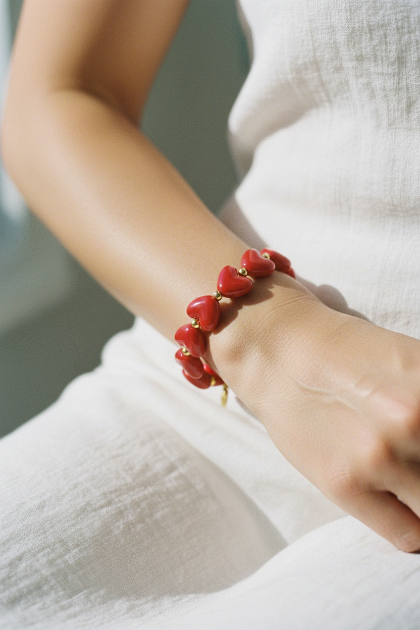 Bracelet perles cœur cramoisi porté sur main, lin blanc