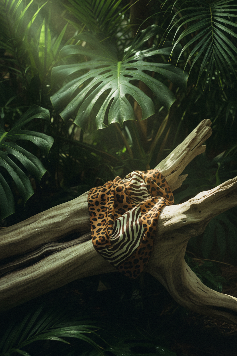 Bandana imprimé animalier Gimme drapé sur bois flotté en décor jungle