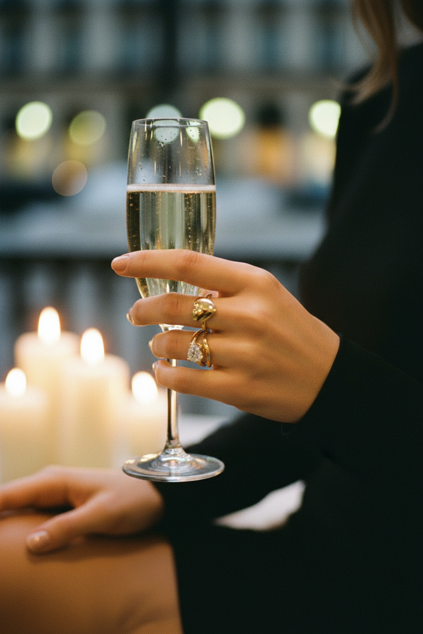 Bague zircon — champagne, soirée parisienne