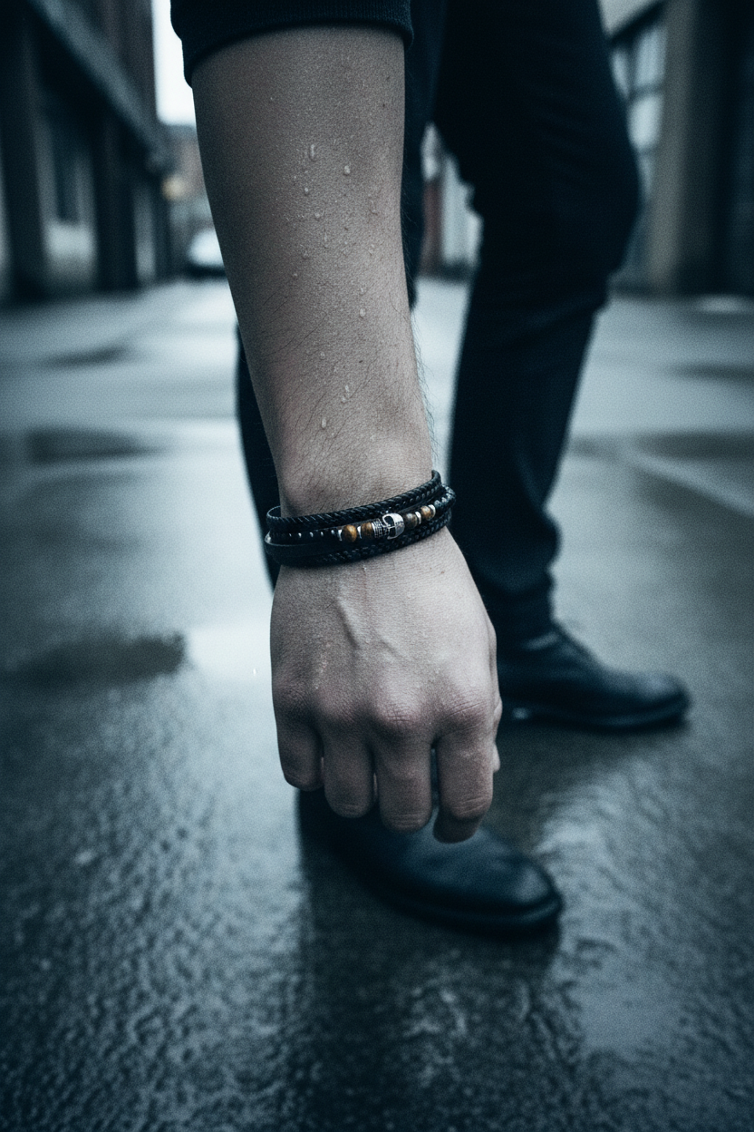 Bracelet VELKA double tressé tête de mort — lifestyle béton urbain