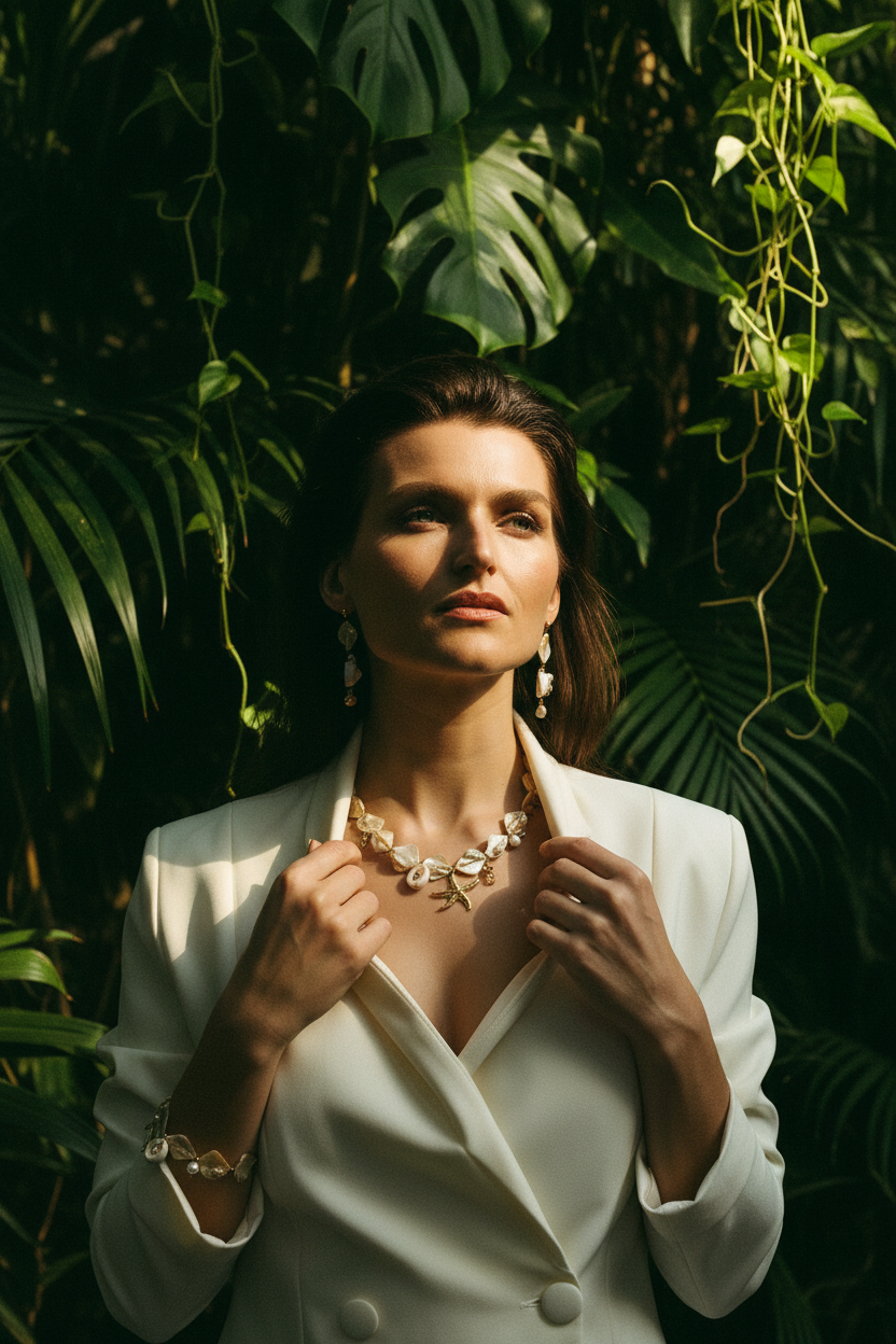 Collier Lumé coquillages breloques perles dorées — porté main jungle
