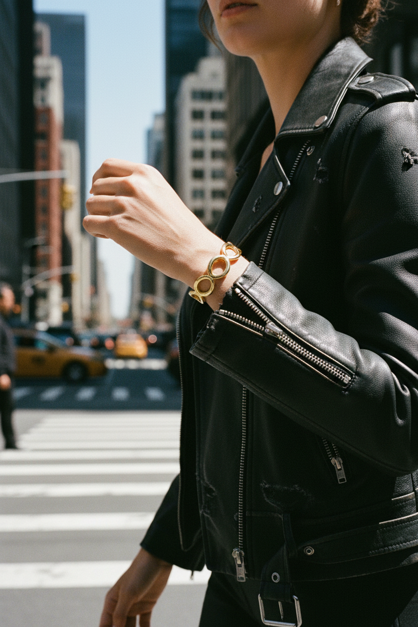 Bracelet manchette — veste cuir, rue urbaine