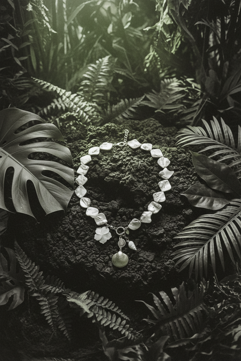 Collier Lumé perles coquillages — still life pierre volcanique