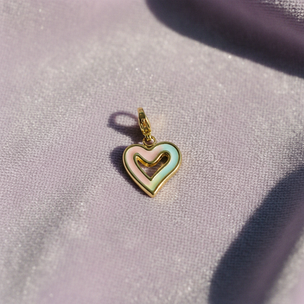 Charm cœur pastel — flat lay velours lavande