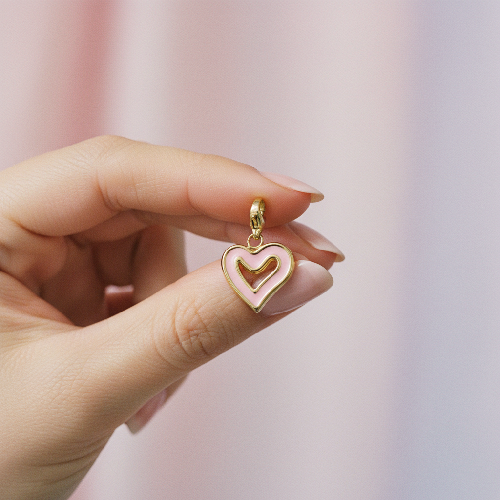 Charm cœur pastel — main, fond lavande