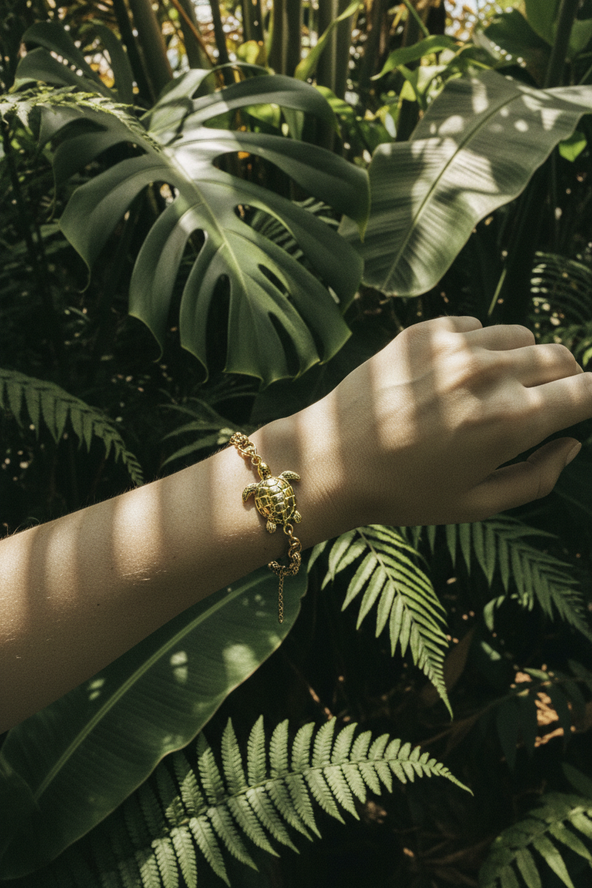 Bracelet tortue DIY doré porté en jungle tropicale - Lili June® Tropiques Sauvages