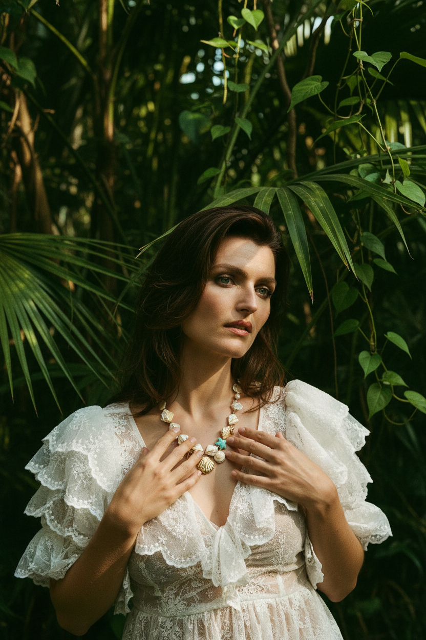 Collier Lumé coquillages perles — porté main jungle